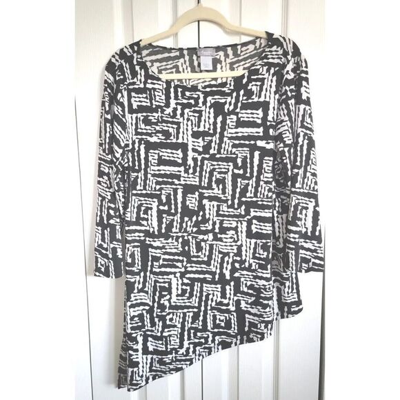Chico's Travelers 2 Black White Geometric Asymmetrical Blouse Tunic Size 2 (L)‎ - Picture 1 of 4